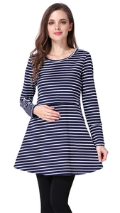 Detail view of navy blue and white striped long sleeve maternity top with empire waist