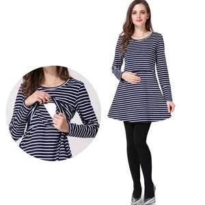 Detail view of the hidden nursing opening on long-sleeved striped maternity dress