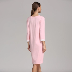 Pink modal maternity nightgown with three-quarter sleeves and delicate white lace trim