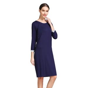 Dark blue modal maternity nursing dress with long sleeves and lace cuffs for breastfeeding
