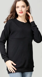 Detail of black maternity nursing sweatshirt featuring a discreet horizontal breastfeeding zipper