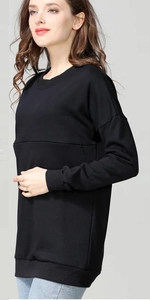 Detail of a black maternity sweatshirt showing hidden nursing zipper and ribbed cuffs