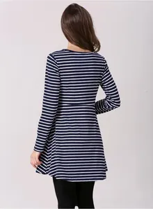 Back view of a long-sleeved navy and white striped maternity shirt with A-line loose hem