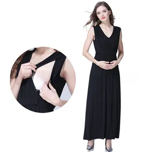 Detail view of the hidden nursing opening on a black modal sleeveless maternity dress