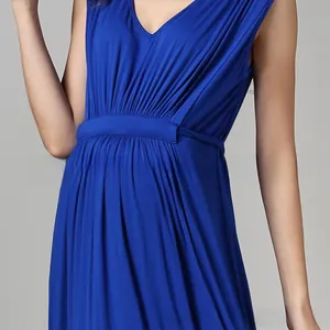 Detail of royal blue v-neck maternity dress with high waist pleats and soft modal fabric