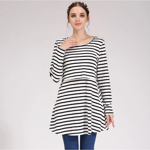 Classic black and white striped long sleeve nursing top with discreet breastfeeding access