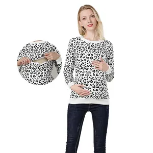 Cotton Maternity Nursing Sweatshirt Long Sleeve Round Neck Hidden Zipper Breastfeeding Top For Pregnant Women Casual Hoodies
