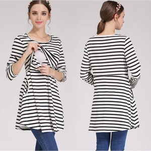 Detail of striped maternity top with functional feeding opening and side pockets