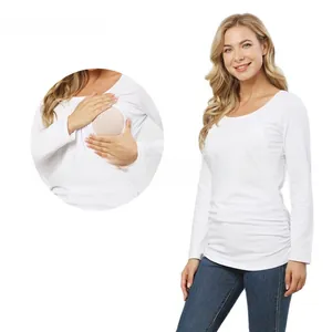 Detail of white long-sleeve nursing top showing the side opening function for breastfeeding