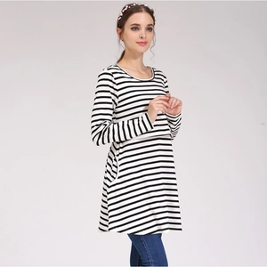 Detailed side view of long-sleeved black and white striped nursing top for maternity wear