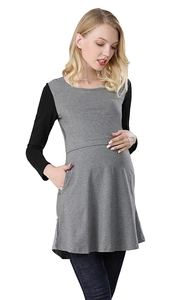 Detail of grey and black maternity top with side pockets and soft cotton blend fabric