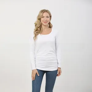 Close-up of a white slim-fit long-sleeved nursing top made of soft cotton fabric