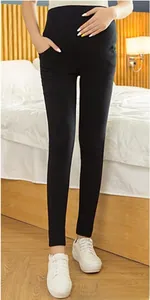 Black maternity leggings with high waist support in stretchy cotton blend fabric