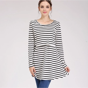 Classic black and white striped long sleeve maternity top with a discreet nursing access