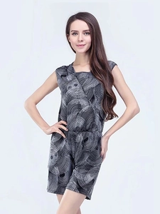 Sleeveless V-neck maternity romper with abstract spiral print in dark grey breathable fabric