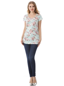 Kurzärmeliges Stilltop für Damen mit Blumen-Leopard-Print und funktionalem Reißverschluss