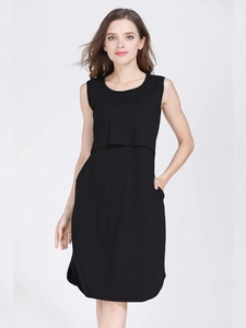 Women Cotton Spandex Sleeveless Maternity Nursing Dress Round Neck Midi Nursing Nightgown With Pockets For Breastfeeding
