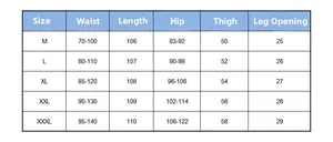 Size guide for maternity denim trousers featuring waist, length, and hip measurements