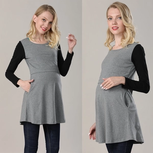 Detail of grey maternity long sleeve top with black sleeves and side pockets