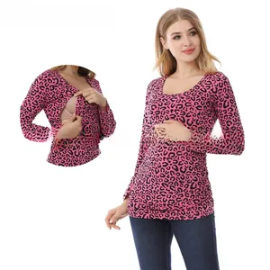 Pink leopard print nursing top with detailed view of hidden side opening breastfeeding function