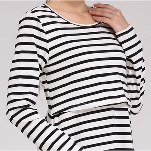 Detail of striped long sleeve maternity top with double-layer nursing access design