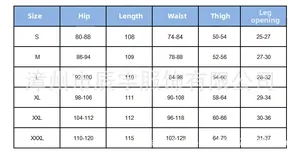 Detailed size chart for maternity leggings covering S to 3XL with hip and waist dimensions