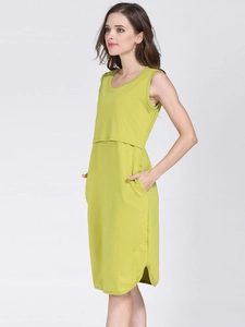 Lime green cotton sleeveless maternity midi dress with double-layer nursing design