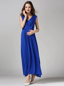 Royal blue sleeveless V-neck maternity maxi dress in soft modal fabric for women