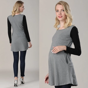 Long sleeve maternity top in grey and black contrast design with side pocket and round neck
