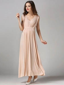 Elegant apricot V-neck sleeveless maternity maxi dress with pleated bodice and empire waist