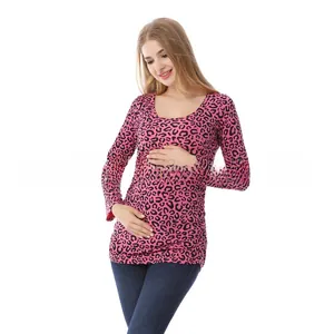 Detail of pink leopard print nursing top with soft cotton fabric and round neckline