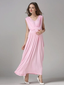 Sleeveless pink maternity dress with V-neck and empire waist for comfortable breastfeeding