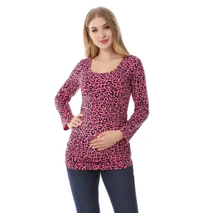 Detail of pink leopard print long sleeve nursing top in soft cotton for maternity
