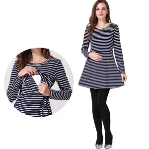Women Long Sleeve Maternity Nursing Top Cotton Striped Patchwork Breastfeeding Shirt Round Neck Pregnancy Tunic Clothing