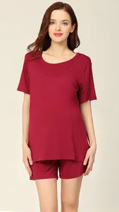 Detail of soft burgundy modal maternity pajamas with adjustable waist for comfort
