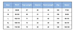 Size chart for maternity modal short sleeve pajamas with chest and waist measurements