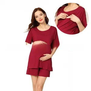 Burgundy maternity pajamas set featuring nursing top and adjustable waist shorts
