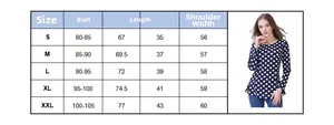 Detailed size chart for long sleeve polka dot breastfeeding t-shirt with measurements