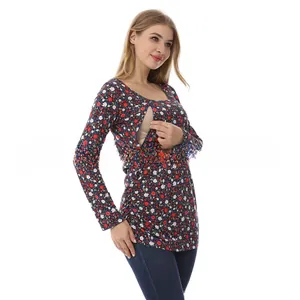 Detail of floral nursing top with side nursing opening for convenient breastfeeding