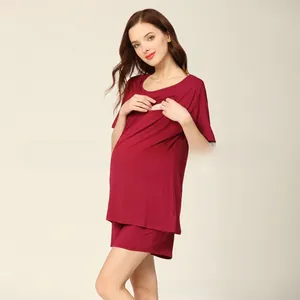 Burgundy modal maternity pajamas detail showing functional nursing access and soft fabric