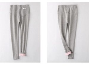 Detail view of high waist maternity pants with grey outer and pink fleece lining