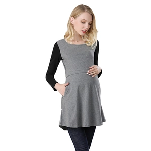 Contrast grey and black long-sleeve maternity top with round neck and hidden pockets