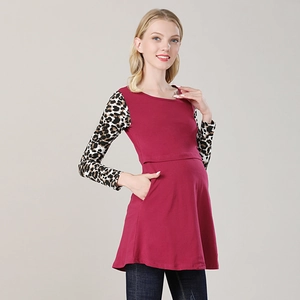 Burgundy maternity long sleeve top with leopard print sleeves and nursing opening
