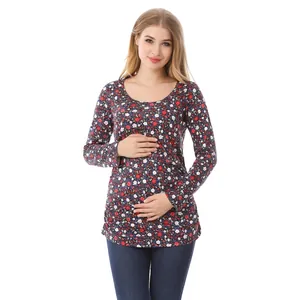 Floral print long sleeve maternity top in navy blue with elastic cotton fabric