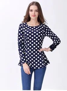 Close-up of polka dot nursing top with concealed side zipper for breastfeeding access