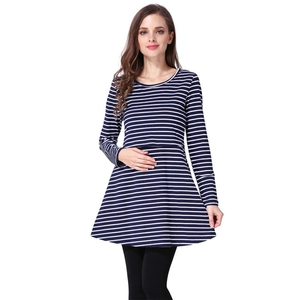 Maternity long sleeve striped tunic top with empire waist in navy blue and white