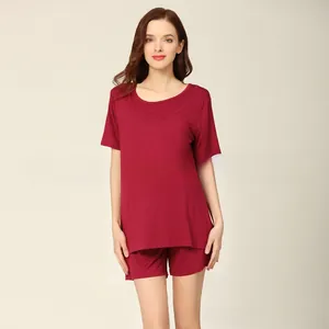 Close-up of modal maternity pajamas featuring short sleeves and soft burgundy fabric