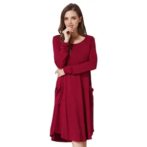 Vestito Premaman Allattamento in Cotone Manica Lunga Girocollo Largo Casual Con Tasche Morbido Abbigliamento Gravidanza