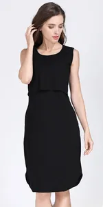Detail of a black sleeveless maternity nursing dress with a layered cotton design