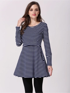 Detail of blue and white striped long sleeve maternity top with flexible nursing design